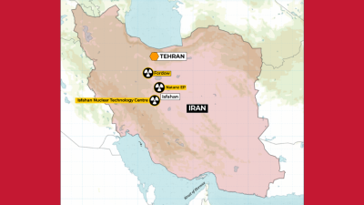 Map of Iran showing three targets of US bombs, June 21, 2025.