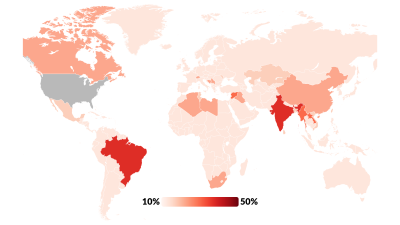 Map showing countries by tariffs imposed on them by the U.S. (from 10% to 50%) by the fascist Trump regime, as of August 1, 2025.