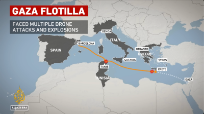 Screengrab from Al Jazeera of map of Global Sumud Flotilla