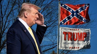 Trump saluting Confederate and Trump flags