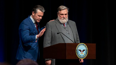 Pete Hegseth, left, with Moscow, Idaho pastor Doug Wilson at the Pentagon in Virginia, February 18, 2026.
