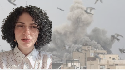 Somayeh Kargar; background: bombing of Tehran