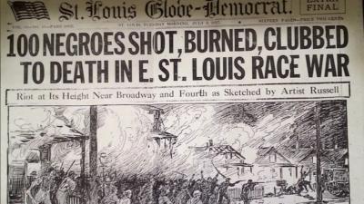 On July 2, 1917, a violent and vicious mob of white people burned, lynched and stoned the Black citizens of East St Louis, Illinois.