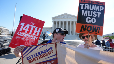 Demonstrators for birthright citizenship outside the U.S. Supreme Court, April 1, 2026