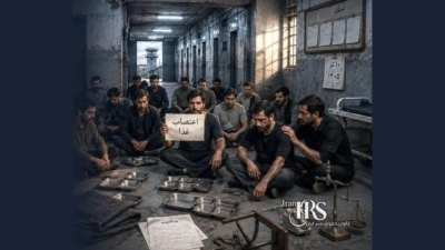 A hunger strike by 350 prisoners protesting the beating of a political prisoner, Vakilabad Prison, Mashad, Iran, July 2026. (Credit: Iran HRS)