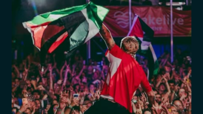 Mackelmore crowd-surfing with Palestinian flag