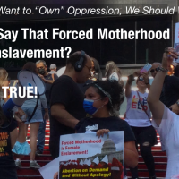 Signs say "Forced Motherhood is Female Enslavement" at protest in Times Square