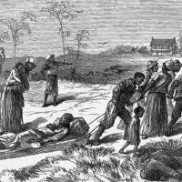 A drawing from Harper’s Weekly depicting Black people collecting the bodies of the murdered after the The Colfax Massacre.