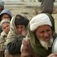 People standing in line for food in Afghanistan, 2021