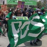 Young woman marching behind green banner