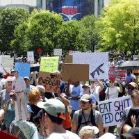 Protesters outside the NRA convention after the killings in Buffalo and Uvalde