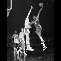Bill Russell, Boston Celtics, shooting against Los Angeles Lakers