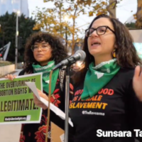 Sunsara Taylor speaking in Los Angeles, December 1, 2022.