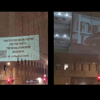 Revolutionary images projected onto the wall of the Los Angeles Juvenile Hall.