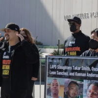 Noche Diaz speaks at the Revcoms press conference, Los Angeles.