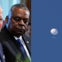 Left, Biden and Austin; right, Chinese balloon being shot down over Atlantic Ocean, with a fighter jet and its contrail seen below it, Saturday, Feb. 4, 2023.