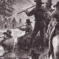 Drawing titled “Protecting the Settlers,” accompanied an 1861 Harper's New Monthly Magazine article that described the mass murder of Yuki people at Round Valley, CA