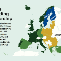 NATO’s Expanding Membership: Dark green countries became part of NATO in 1949; lighter green countries joined NATO between 1952 and 1982; countries in light orange joined between 1990 and 2020; and Sweden and Finland are slated to join this year. (Source: NATO)