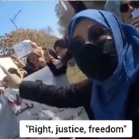 Afghan women demonstrate in the streets of Kabul on March 8, International Women’s Day. (Screenshot from video: @LettresTeheran)