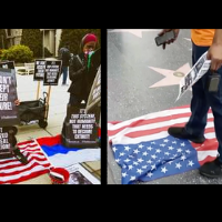 Chicago and LA: Standing on the U.S. and Russian flags, and encouraging people to walk on the American flag.