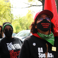 Woman marching with red flag and revolution nothing less hat
