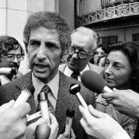 Daniel Ellsberg, co-defendant in the Pentagon Papers case, talks to media outside the Federal Building in Los Angeles, April 28, 1973