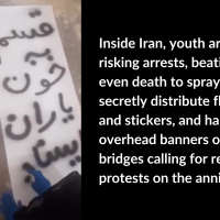 Screengrab from video, inside Iran, youth are risking arrests, beatings, or even death to spray graffiti, secretly distribute flyers and stickers, and hang overhead banners on bridges calling for the renewal protests on the anniversary.