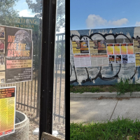 Revcom posters and art on walls in Texas