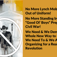 No More Lynch Mobs in and Out of Uniform! No More Standing by While “Good Ol’ Boys” Prepare for Civil War! We Need and We Demand a Whole New Way to Live. We Need to and We ARE Organizing for a Real Revolution