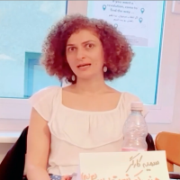 Somayeh Kargar, former political prisoner in Iran, speaking in Leipzig, Germany, August 14, 2023.