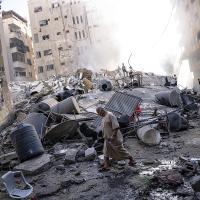 Rubble in Gaza Strip from Israeli air strike, October 7, 2023.