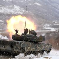South Korea's K1A2 tank fires during the joint military drill between South Korea and the United States, January 4, 2024.