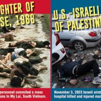 My Lai massacre and bodies of victims of U.S.-Israel attack on hospital in Gaza