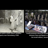German civilians watch a NAZI officer vandalize Jewish property near Nuremberg, 1938  | Israeli protesters block the Kerem Shalom crossing between Gaza and Egypt in collusion with Israel military, January 9, 2024