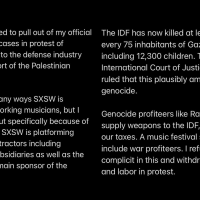 Singer-songwriter Squirrel Flower was scheduled for an SXSW showcase event, but cancelled when she learned of the military sponsorship of SXSW.