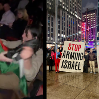 The fundraiser was repeatedly disrupted and two banners were hung from the mezzanine: “Stop Arming Israel” and “Let Gaza Live.” (Credit: @jvplive)