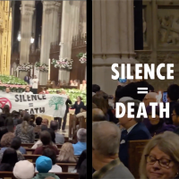 Just before Easter Mass at St. Patrick’s Cathedral in New York City, protesters went in front of the altar with a large banner saying “Silence = Death.” (Screengrabs from video, credit: @xr_nyc)