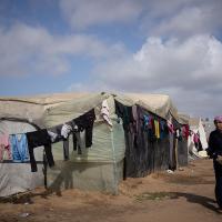 Palestinians displaced by Israeli ground offensive on the Gaza Strip at tent camp in Rafah, January 23, 2024.
