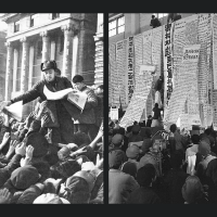 Handing out leaflets in Shanghai during the “January Storm,” 1967. Big character posters on a Shenyang factory wall, 1972.