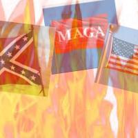 Burning confederate, MAGA, and US flags