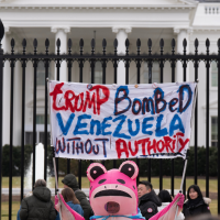 Protest sign at White House: “Trump Bombed Venezuela Without Authority”