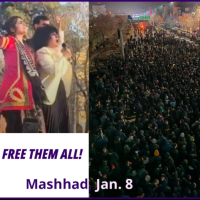 Sepideh Gholian and Narges Mohammadi lead chants outside memorial for rights lawyer in Mashhad. Right: Huge protests fill Mashhad streets for hours, January 8, 2026.