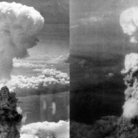 Mushroom clouds caused by nuclear bombs dropped on Hiroshima and Nagasaki.