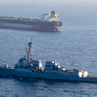 USS Rafael Peralta implements a blockade against an Iranian-flagged ship attempting to sail toward an Iranian port, April 26, 2026.