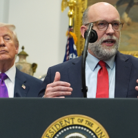 Trump and Russell Vought, Office of Management and Budget director and key architect of the fascist Project 2025.