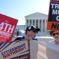 Demonstrators for birthright citizenship outside the U.S. Supreme Court, April 1, 2026