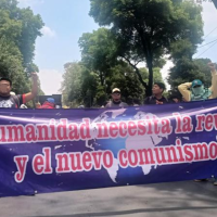 Banner on display during the teachers’ strike, Mexico City, June 11: “Humanity Needs Revolution and the New Communism.”
