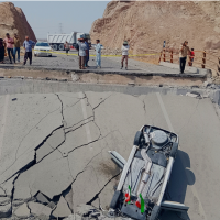 A bridge destroyed by a U.S. strike in Hormozgan province, southern Iran, July 18, 2026.