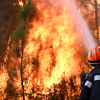 Firefighters work to extinguish a fire near Blagon, southwestern France, July 29, 2026.