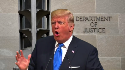 Trump in front of DOJ building “Trump Dept of Justice”